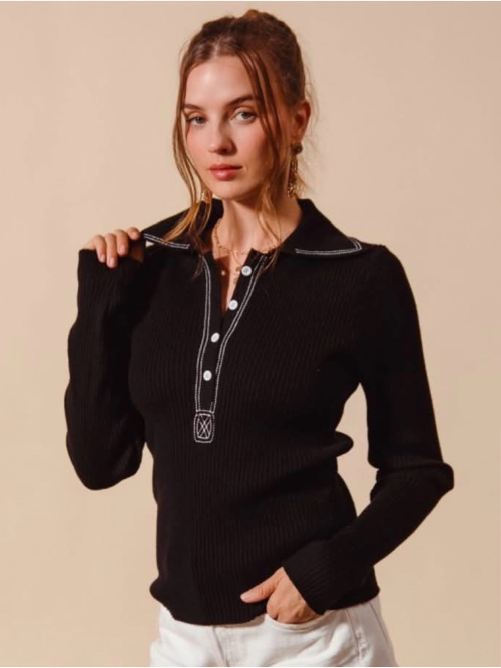 Rumored Black Contrast Stitch Long Sleeve Ribbed Polo Sweater